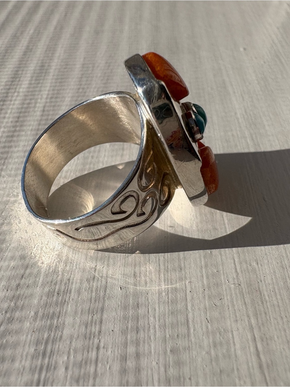 Jay King Sterling Silver & Orange Coral and Turquoise Oval Ring. Size 7 - Picture 8 of 15